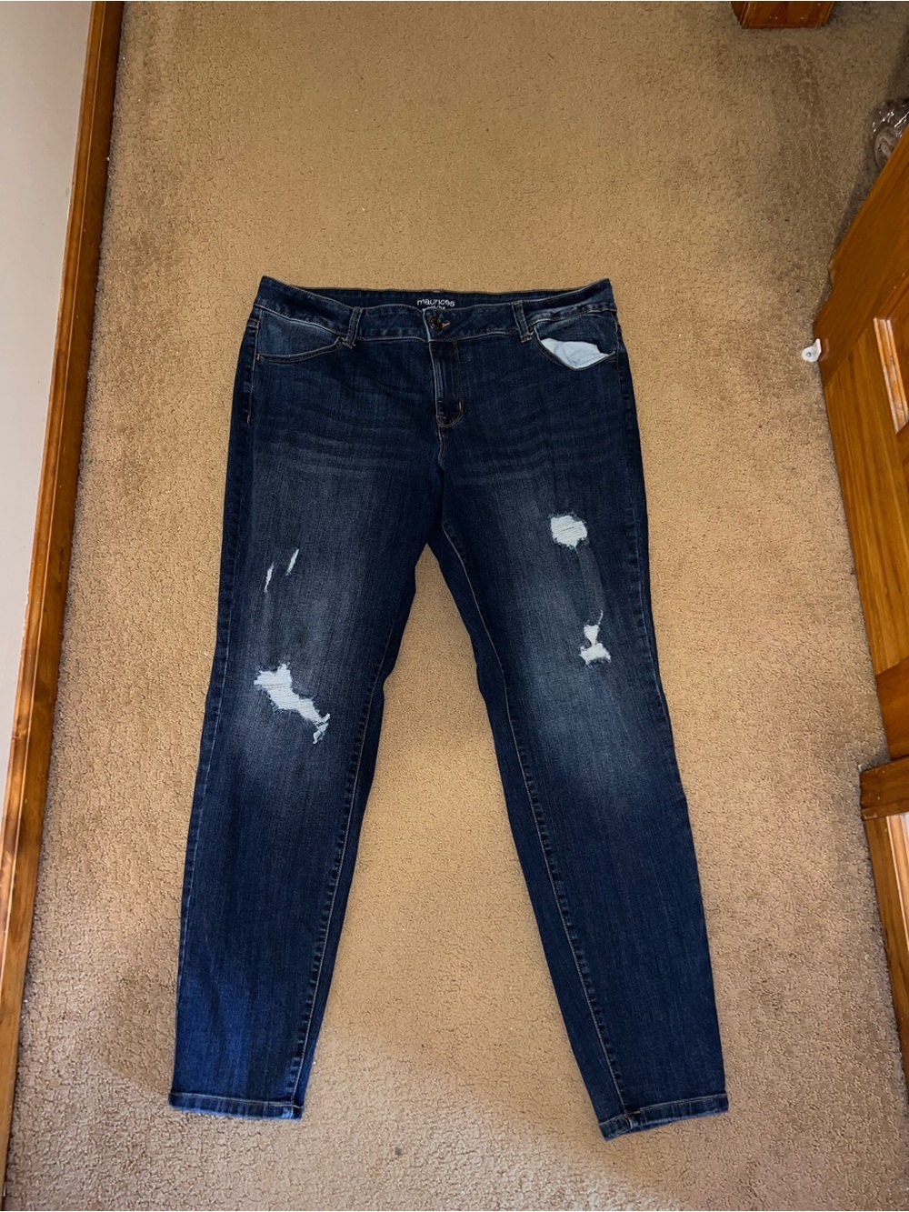Maurices Dark Blue Skinny Jeans with Distressed Details